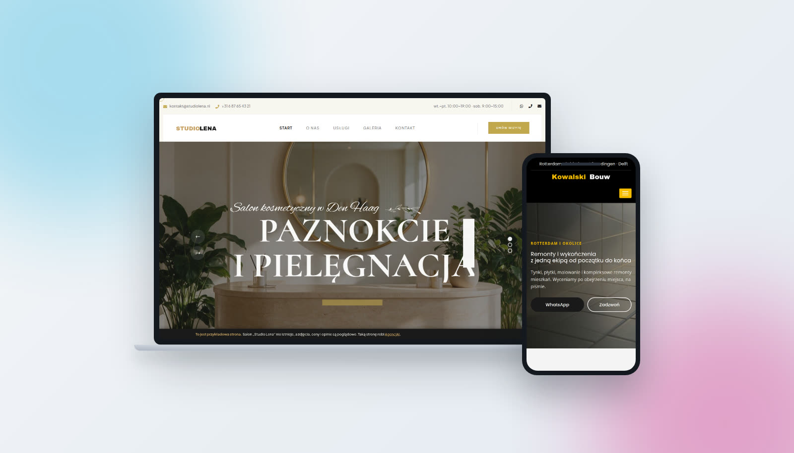 Two sites we built: a beauty salon site on a laptop and a renovation company site on a phone